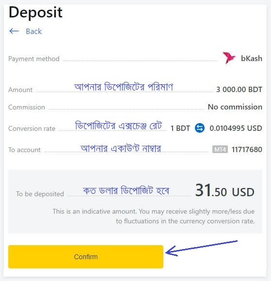 Exness bkash deposit confiramtion page